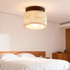 Natural Stone Ceiling Light with Solid Wood Top Modern Minimalist Surface Mounted Downlight for Living Room Bedroom Hallway