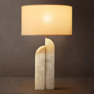 Natural White Marble Table Lamp with Linen Shade Arch Sculptural Architectural Light Luxury Villa Hotel Living Room Bespoke UL