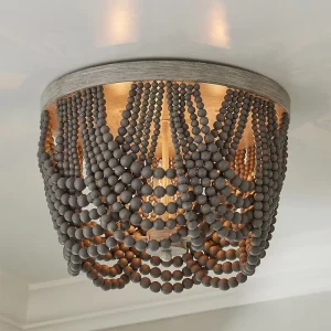New Design Lace Shape Wood Beads Ceiling Lamp Antique Grey Iron Round Flush Mount Ceiling Light