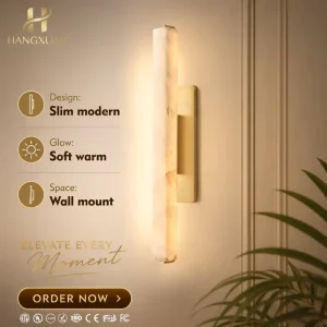 Newest Spanish Natural Audubon Marble Background Wall Lamp Decorative Bedside LED Strip Brass Alabaster Single Wall Sconce