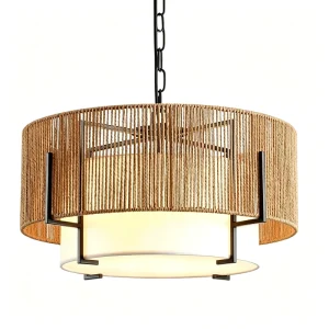 Nordic 4 Light Rattan Chandelier Modern Boho Rattan&Fabric LED Pendant Light for Kitchen Island Foyer Bedroom