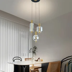 Nordic Creative 3 Head Iron Glass Chandelier Round LED Pendant Light Gold Finish Cylindrical Living Room Easy Installation Light