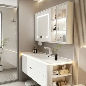 Nordic Light Luxury Multi Layer Solid Wood Bathroom Cabinet Waterproof and Rust Proof Integrated Basin Vanity OEM ODM