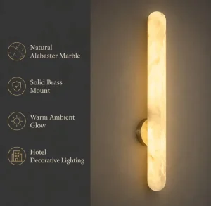 Nordic Minimalist Marble Wall Light Elegant Gold Finish Interior Decorative Lighting Long Cylindrical Alabaster Sconce Bedside