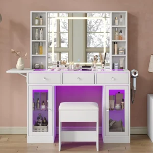ODM/OEM Factory Dresser Bedroom Makeup Vanity LED RGB Lighted Mirror Desk Charging Station 3 Drawers 2 Glass Cabinets