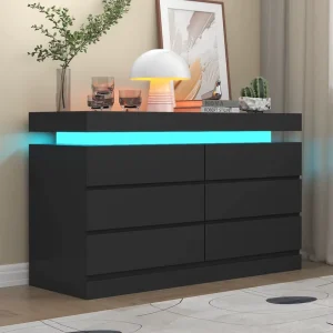 OEM ODM Custom Black 6 Drawer Wood Dresser Drawer Organizer Cabinet LED Light Power Outlet Modern Closet