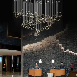 OEM ODM Glass Fallen Leaves High Ceiling Chandelier Minimalist LED Indoor Ceiling Pendant Lamp