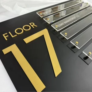 Office Floor Directory Sign Black Matte Acrylic Brushed Gold Metal Letters with Removable Name Card Slots