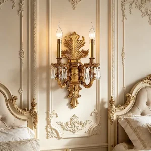 Ornate Brass Wall Sconce Crystal Accents Modern 2-Light Candle Style Wall Lamp for Living Room Bedroom Hallway