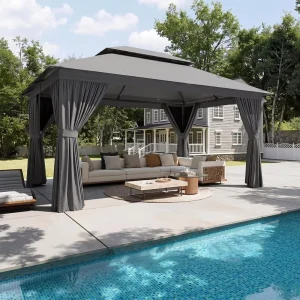 Outdoor Gazebo for Patio 10×12 Heavy Duty Party Tent and Shelter with Mosquito Netting and Privacy Screen for Backyard Lawn