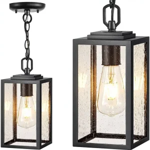 Outdoor Hanging Pendant Lights Front Porch Patio Modern Black Tempered Seed Glass Anti Rust Adjustable Chain Chandelier