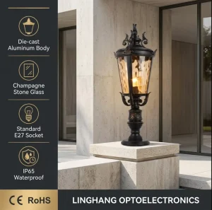 Outdoor IP65 Vintage Pillar Light European Antique Bronze Column Lamp with Water Ripple Glass for Villa Garden Fence Gate Post