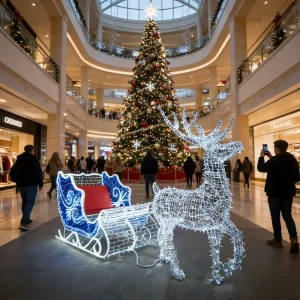 Outdoor LED Santa Sleigh and Reindeer Christmas Decoration for Shopping Mall Entrance Holiday Lighting Display Custom Size