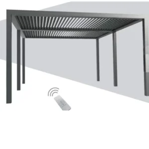 Outdoor Louvered Shade Waterproof Powder Coated Aluminium Electric Motorized Retractable Roof Canopy Pergola Nature Finish LED