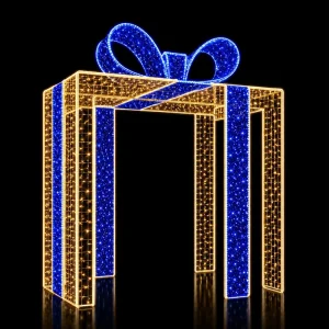 Outdoor Walk Through Illuminated LED Blue Gold Gift Box Arch Motif Light for Theme Park Gateway Entrance