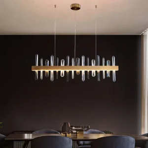 PM Irregular Fish Bone Shape K9 Crystal Pendant Lamp Luxury Long Dining Table Chandelier Modern Simple LED Line Hanging Lights