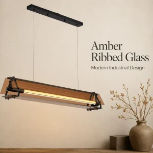 Paramount Linear Glass Pendant Light Amber Tinted Glass Black Aluminum Frame Modern Dining Island Bespoke Stately Piece Light