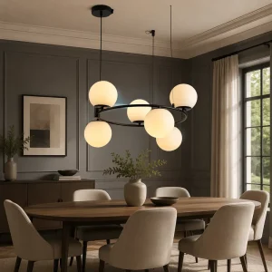 Paramount Nordic Ring Chandelier Opal Glass Globes Matte Black Modern Minimalist Dining Island Bespoke Stately Noble Artwork