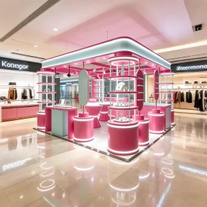 Pastel Pink and Mint Jewelry Mall Kiosk Modular Booth with LED-Lit Cylindrical Display Stands