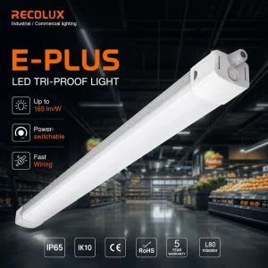Phase Switchable LED Tri Proof Light IP65 19500LM Multi Angle Beam CRI 80/90 5 Year Warranty IK10 Rated Dimmable Lighting