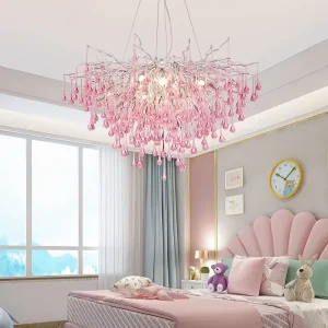 Pink Chrome Crystal Pendant Chandelier with LED Bulbs for Bedroom Living Room & Restaurant Luxury Ceiling Light