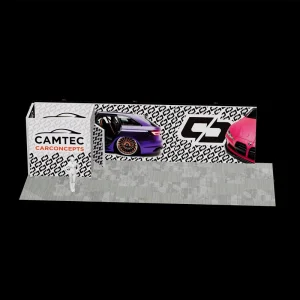 Portable Trade Show Booth Racing Theme Display 9x3m Extended Backwall Sports Car Graphic LED Dye Sublimation Light Box Pillar