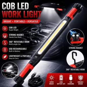 Portable Waterproof COB LED Work Light USB Rechargeable Magnetic Inspection Lamp Hook for Car Repair Garage Workshop Road Use