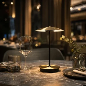 Premium Cordless LED Table Light with Gold Disc Shade for Hotel Restaurant Bar Cafe Wedding Table Lamp