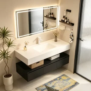 Premium Floating Bathroom Vanity Counter Solid Surface Integrated Sink LED Makeup Mirror Soft-close Drawers OEM ODM