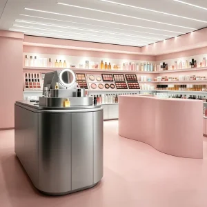 Premium Metallic Cosmetics Shop Station Curved Silver Experience Desk with Matching Pink Bar Counter