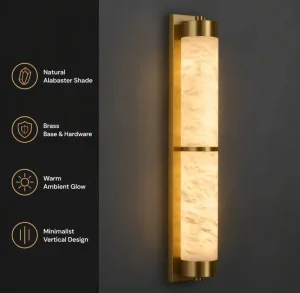 Premium Natural Alabaster Wall Luminaire Solid Brass Base & Hardware Minimalist Vertical Column Sconce for Luxury Hotel Hallway