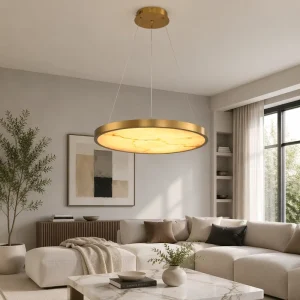 Professional Natural Alabaster Round Pendant Light Brushed Finish Adjustable Height Project Grade Stately Noble Artwork