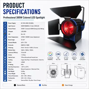 Professional Stage 300W LED Spotlight Zoom Fresnel Theater Light for Concert Studio Event Lighting