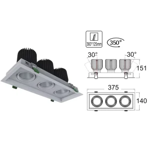 Public Venue Construction Square Embedded Gimble Grille Ceiling Light Recessed Rotatable Downlight
