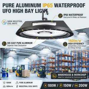 Pure Aluminum IP65 Waterproof UFO High Bay Light 160lm/W High Efficiency for Warehouse Workshop 100W 150W 200W 5000K Industrial