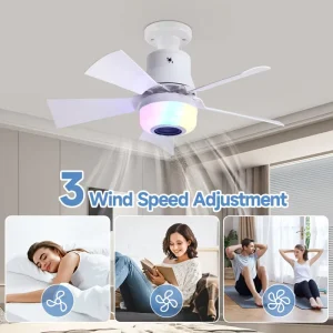 RGB BT Ceiling Fan Lamp with Removable Fan Blades, 30W With Tri-Color Dimmable, E27 Socket for Home Lighting