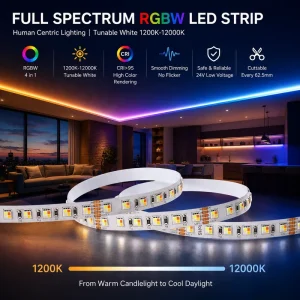 RGBW LED Strip Light Full Spectrum Human Centric Lighting Solution 24V High CRI Ra95 for Hotel Home Commercial