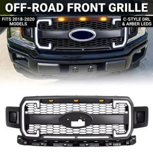 Raptor Style Front Grille with ABS Daytime Running Lights DRL Bracket Compatible with F 150 YURAN Series