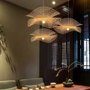 Rattan Woven Dining Room Lamp Retro Zen Straw Hat Chandelier Japanese Log Silent Style Tea Room Study Bed Breakfast Bar Lamp