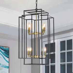 Ready in USA 18″ Modern 8 Light Black Gold Geometric Pendant Chandelier Metal Frame Adjustable Hanging Light (No Bulbs)