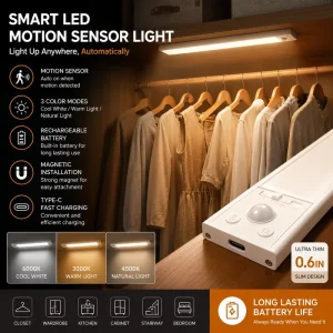 Rechargeable Motion Sensor LED Cabinet Light Ultra-Slim Night Lamp Home Use Dimmable 15000mAh Battery Self-Adhesive Strip