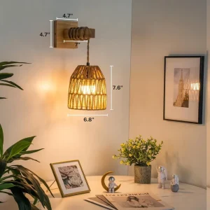 Rechargeable RGB Color Changing Wall Sconce Retro Japanese Rattan Woven Antler Wooden Frame Indoor Decor Wall Lamp