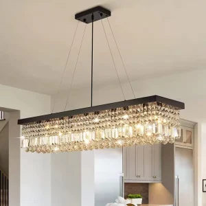 Restaurant Decorations Hotel Living Room Lamp Home Decor Pendant Light Fixture Modern Crystal Black Rectangle Chandelier Ceiling