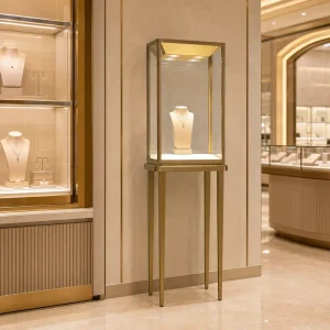 Retail Ready Luxury Modern Eco Friendly Jewelry Display Cabinet Tall Glass Gold Stainless Steel LED Lighting for High end