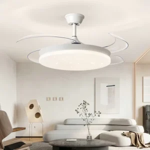 Retractable 36 Inch White LED Modern Bedroom Luxury Ceiling Fan Light with DC Motor Remote Control 6 Speed Copper Motor