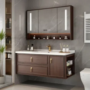 Retro Black Walnut Multi-layer Wood Vanity Luxury Bathroom Furniture for High-end Villa Set OEM ODM