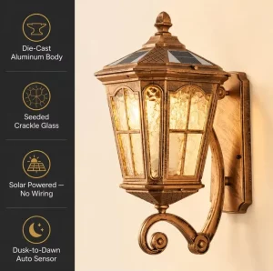 Retro Outdoor Solar Wall Light with Aluminum Body IP65 Waterproof Solar Outdoor Waterproof Wall Light with CE Certification