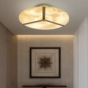 Round Alabaster Ceiling Light Nordic Luxury Oriental Style Brass Natural Marble Surface Flush Mount Lamp for Bedroom Living Room