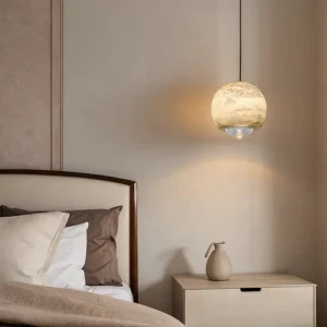 Round Alabaster Chandelier LED Luxury Brass Fixture Bottom Downlight Marble Pendant Lamp for Bedroom Living Room High Adjustable
