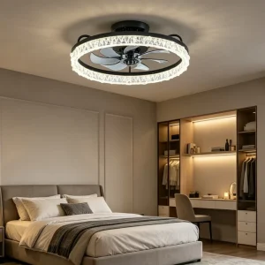 Round Crystal Hidden Blade Ceiling Fan Light Modern Decorative LED Lamp for Home Bedroom Dining Room